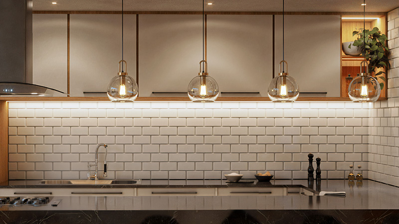 Statement lighting in kitchen