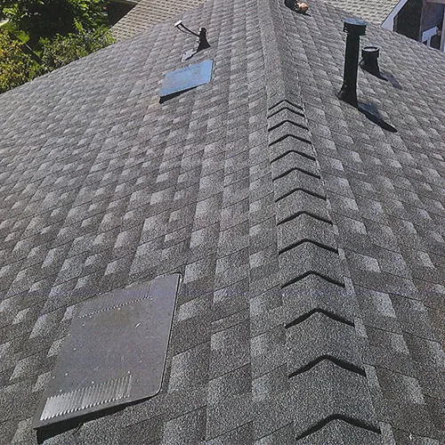 Low-profile attic vents installed on a gray architectural shingle roof in Carlsbad.