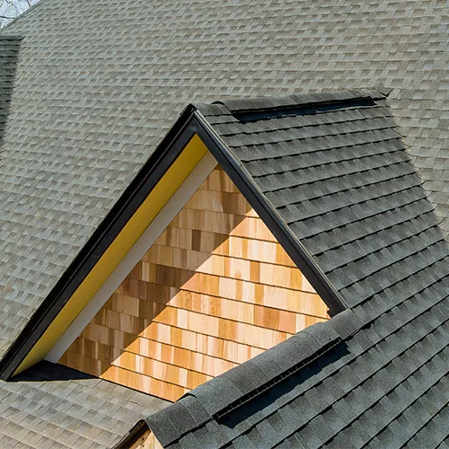Shingle-covered ridge vent along the peak of a residential roof.